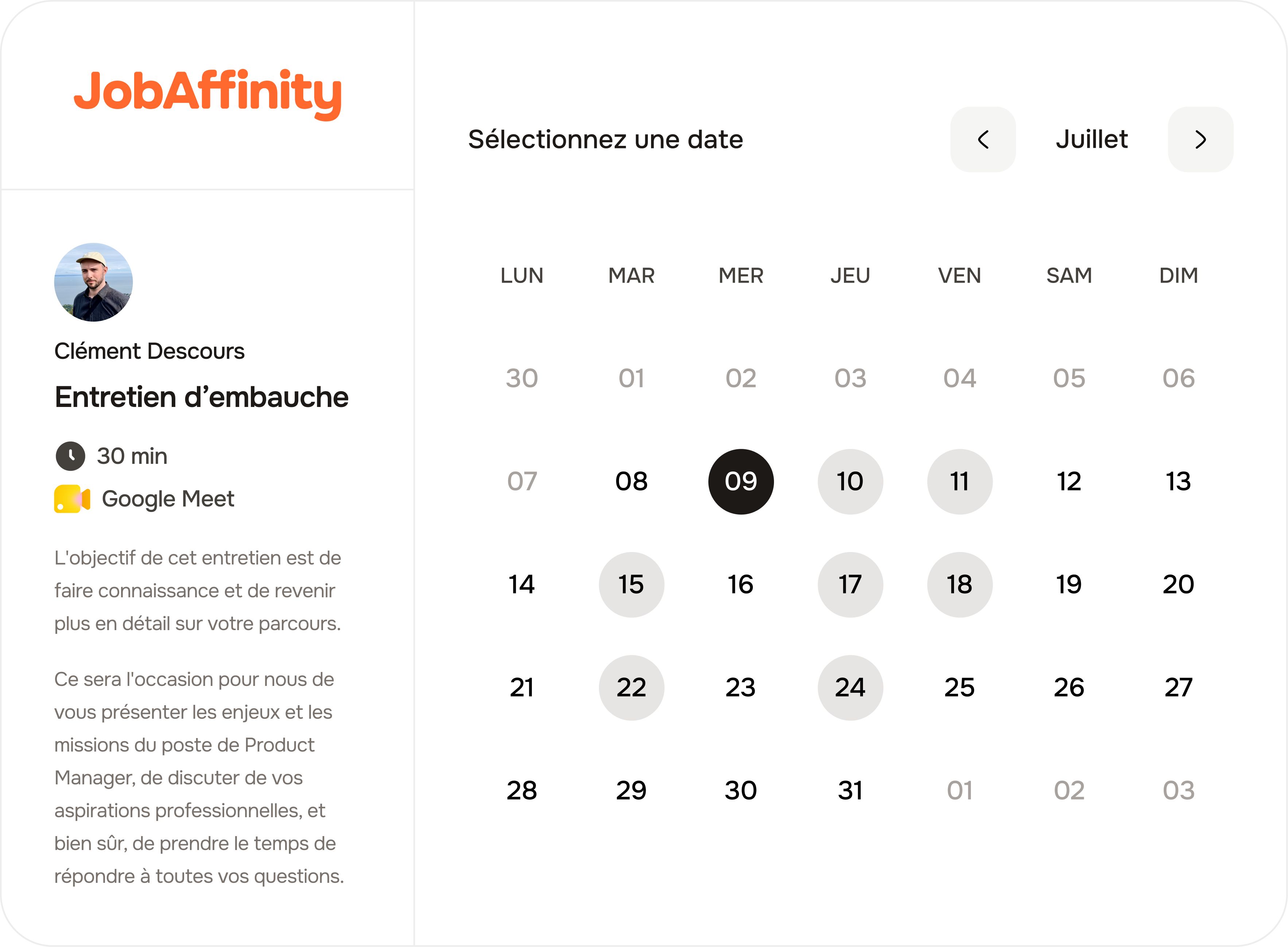 Interface de réservation d’un créneau d’entretien dans JobAffinity