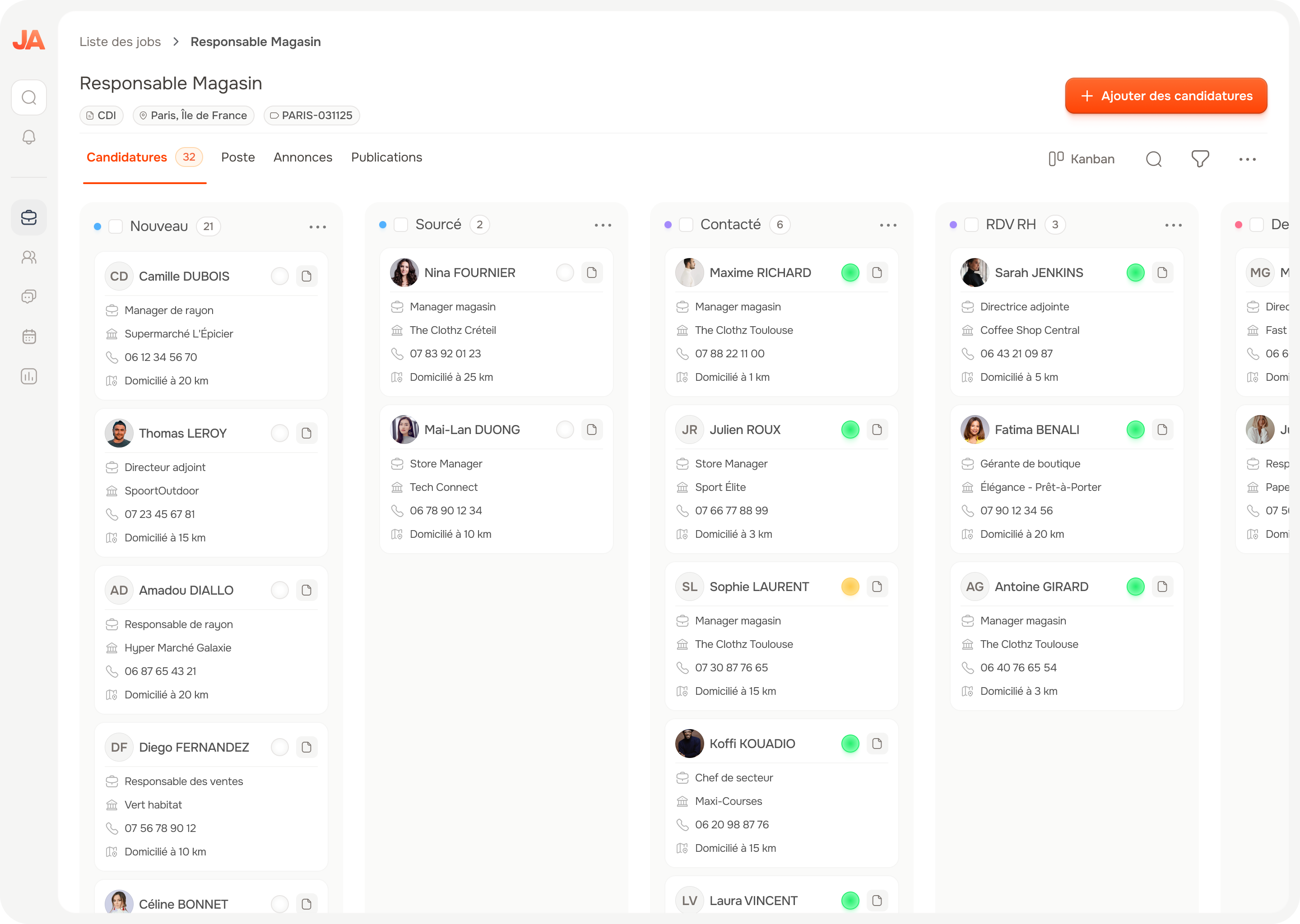 Vue Kanban des candidatures dans JobAffinity