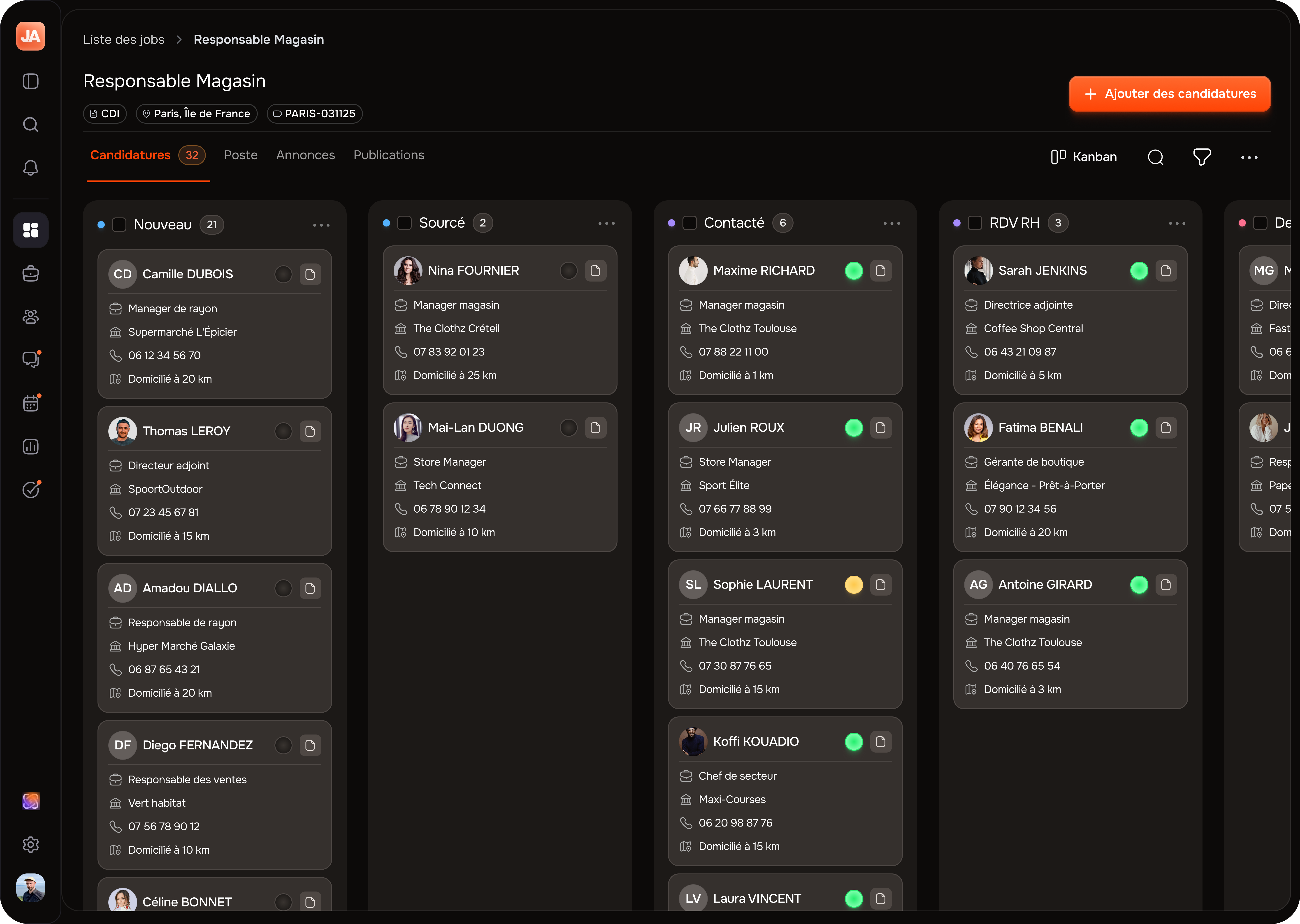 Nouvelle interface Kanban de JobAffinity en mode sombre
