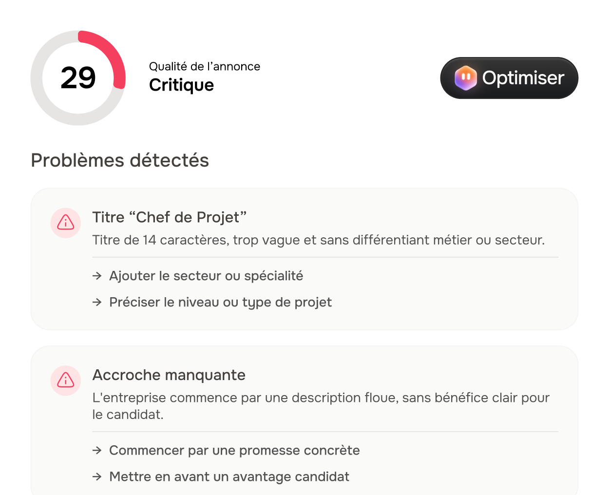 Analyse JAI de la qualité d’une annonce avec son score critique et les problèmes détectés avant diffusion.
