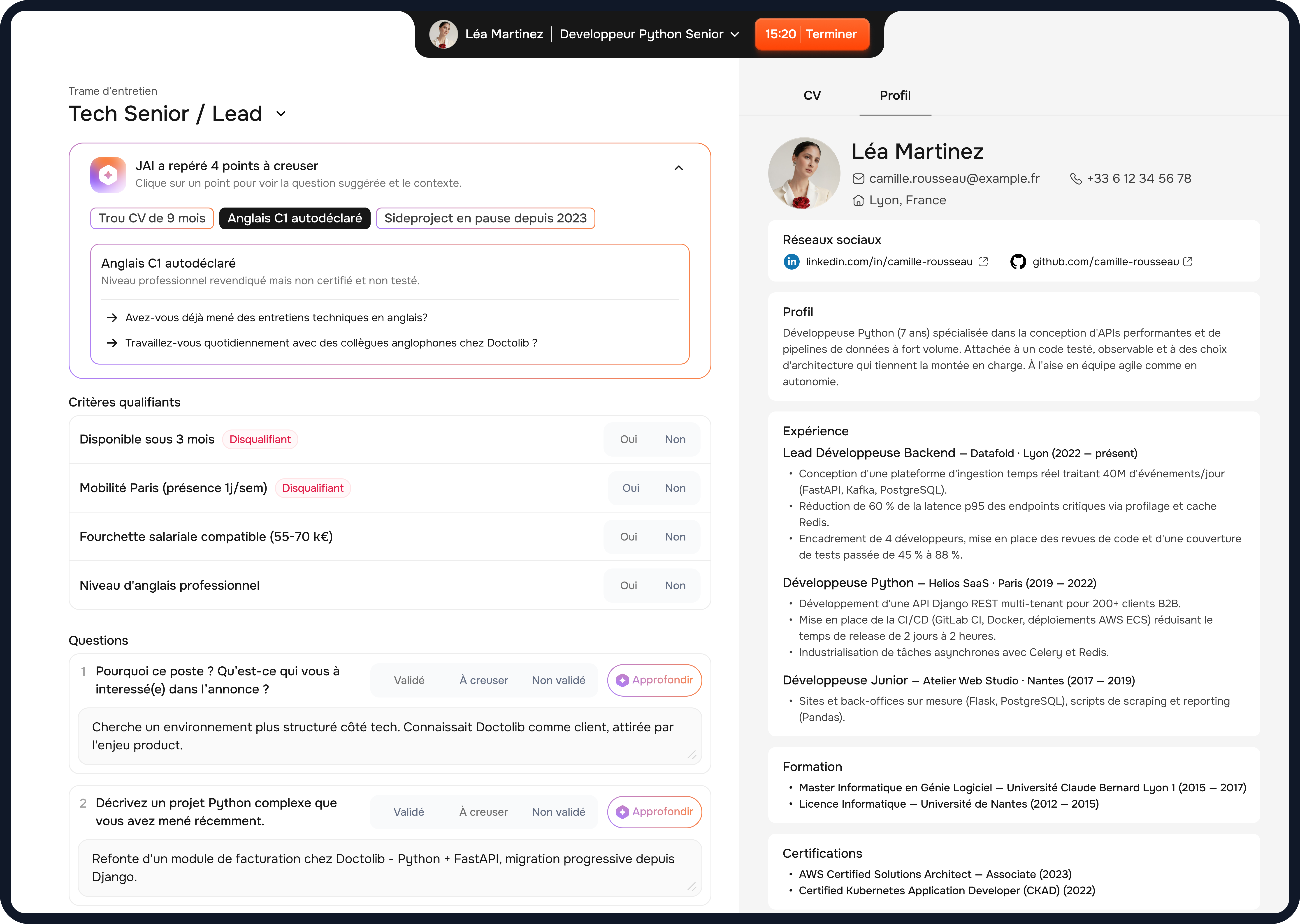 Trame d’entretien et screening assistés par JAI dans JobAffinity